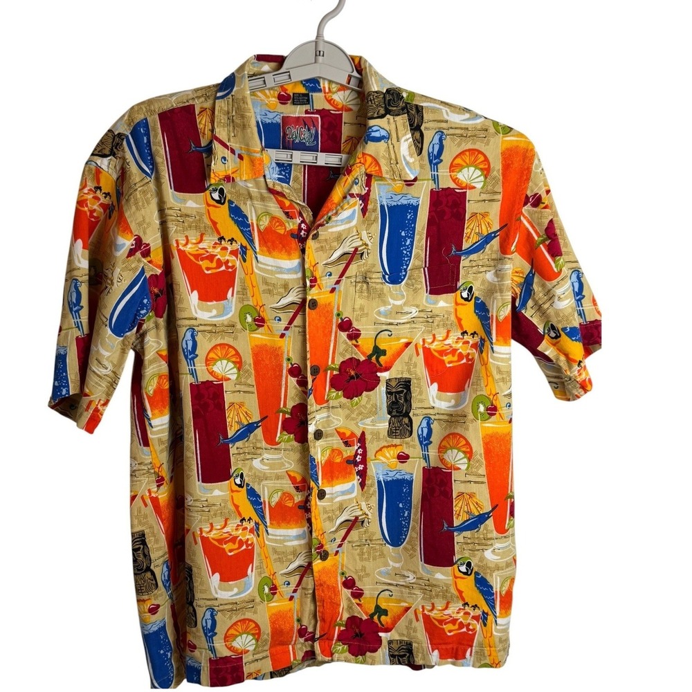 Dem Crazy Mens Tiki Bar Cocktail Parrot Tropical Print Camp Shirt Tan Medium